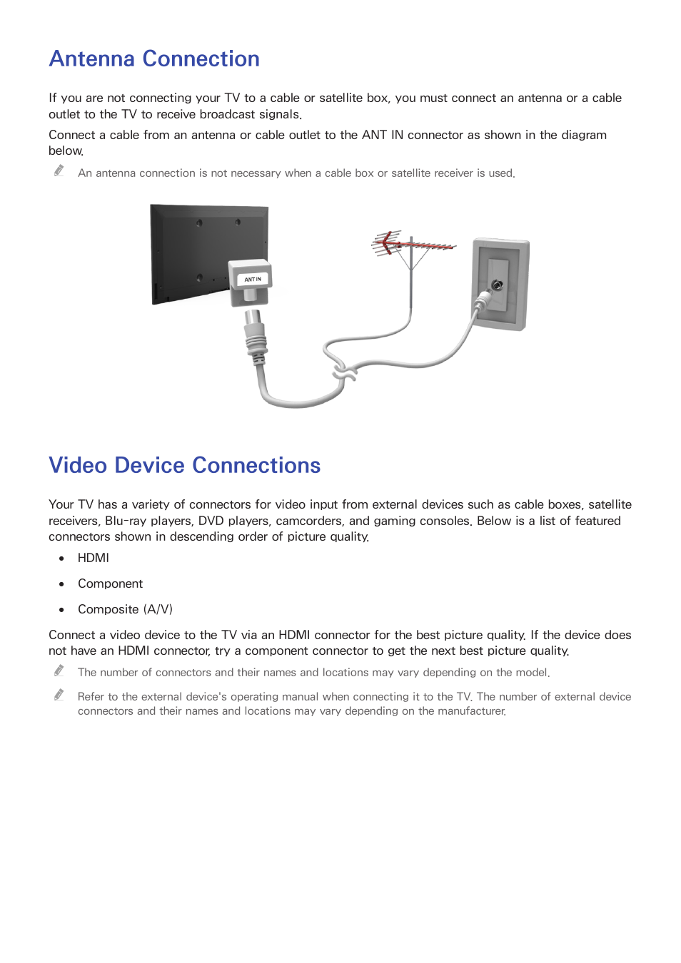 Connecting antenna and external devices, Antenna connection, Video device connections | Samsung UN65H8000AFXZA User Manual | Page 14 / 230