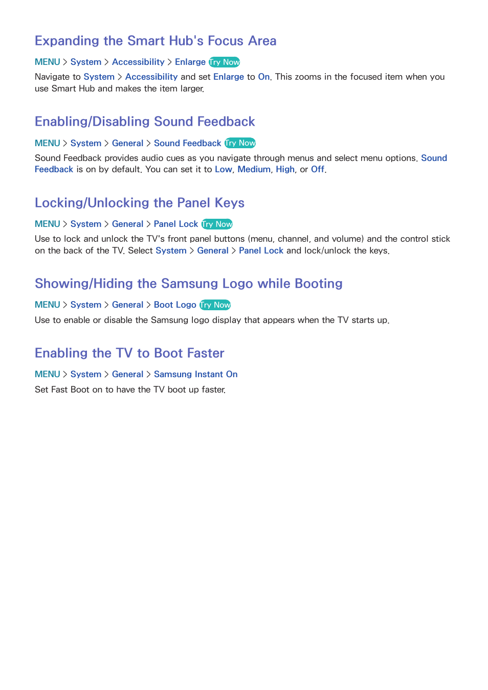 181 expanding the smart hub's focus area, 181 enabling/disabling sound feedback, 181 locking/unlocking the panel keys | 181 showing/hiding the samsung logo while booting, 181 enabling the tv to boot faster, Expanding the smart hub's focus area, Enabling/disabling sound feedback, Locking/unlocking the panel keys, Showing/hiding the samsung logo while booting, Enabling the tv to boot faster | Samsung UN65H8000AFXZA User Manual | Page 187 / 230