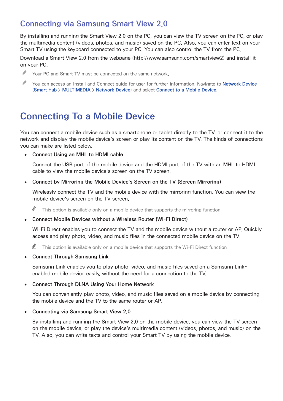 Connecting via samsung smart view 2.0, Connecting to a mobile device | Samsung UN65H8000AFXZA User Manual | Page 25 / 230