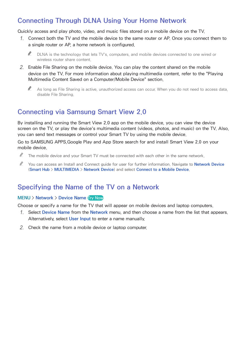 24 connecting through dlna using your home network, 24 connecting via samsung smart view 2.0, 24 specifying the name of the tv on a network | Connecting through dlna using your home network, Connecting via samsung smart view 2.0, Specifying the name of the tv on a network | Samsung UN65H8000AFXZA User Manual | Page 30 / 230