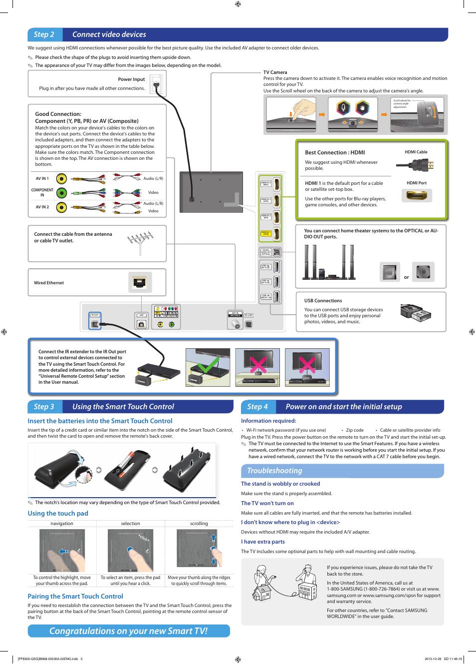 Step 2 connect video devices, Step 3 using the smart touch control, Step 4 power on and start the initial setup | Troubleshooting, Insert the batteries into the smart touch control, Using the touch pad, Pairing the smart touch control | Samsung PN51F8500AFXZA User Manual | Page 2 / 2