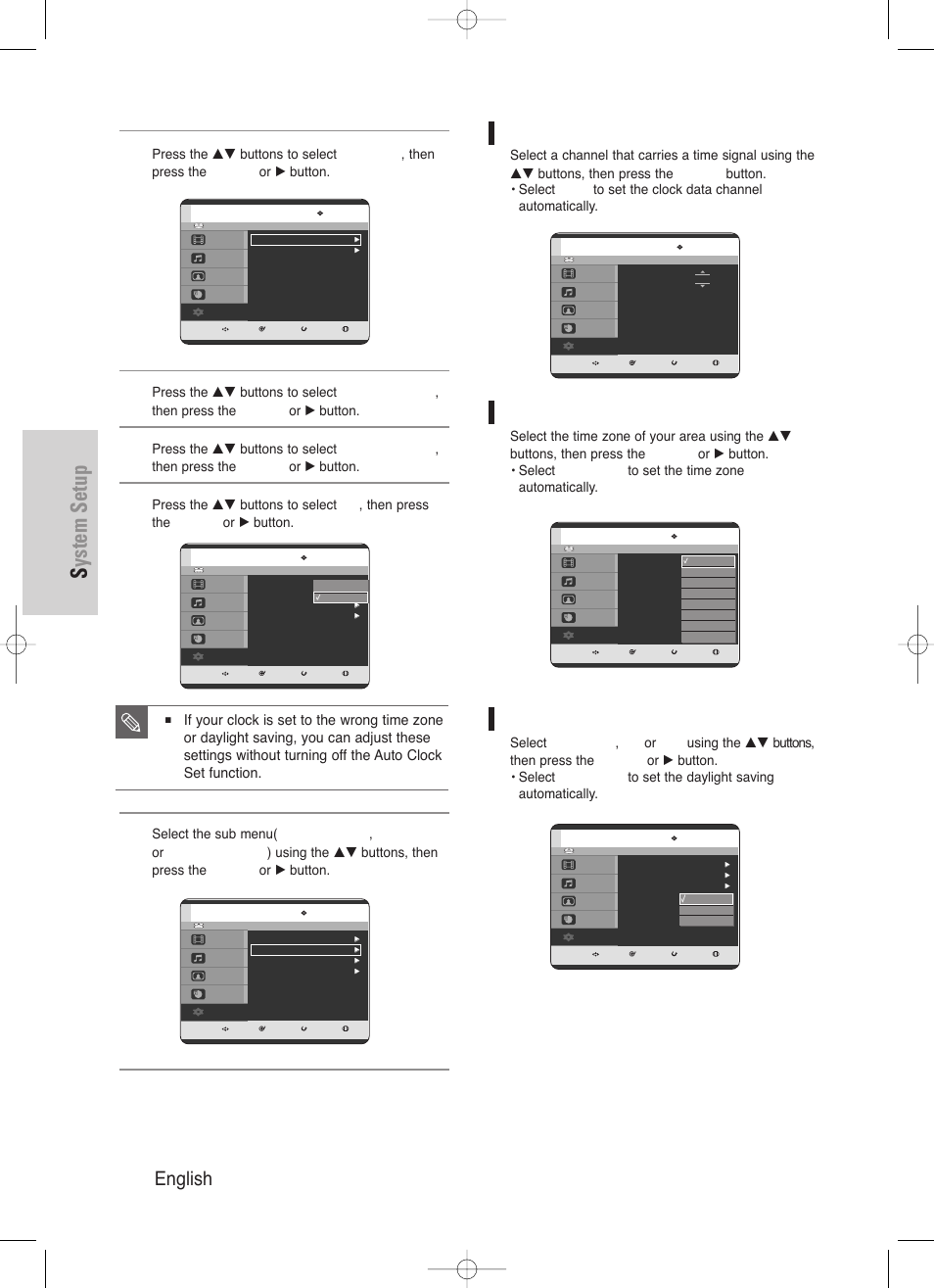 System setup, 32 - english, Clock data ch | Time zone, Daylight saving | Samsung DVD-HR720-XAA User Manual | Page 32 / 168