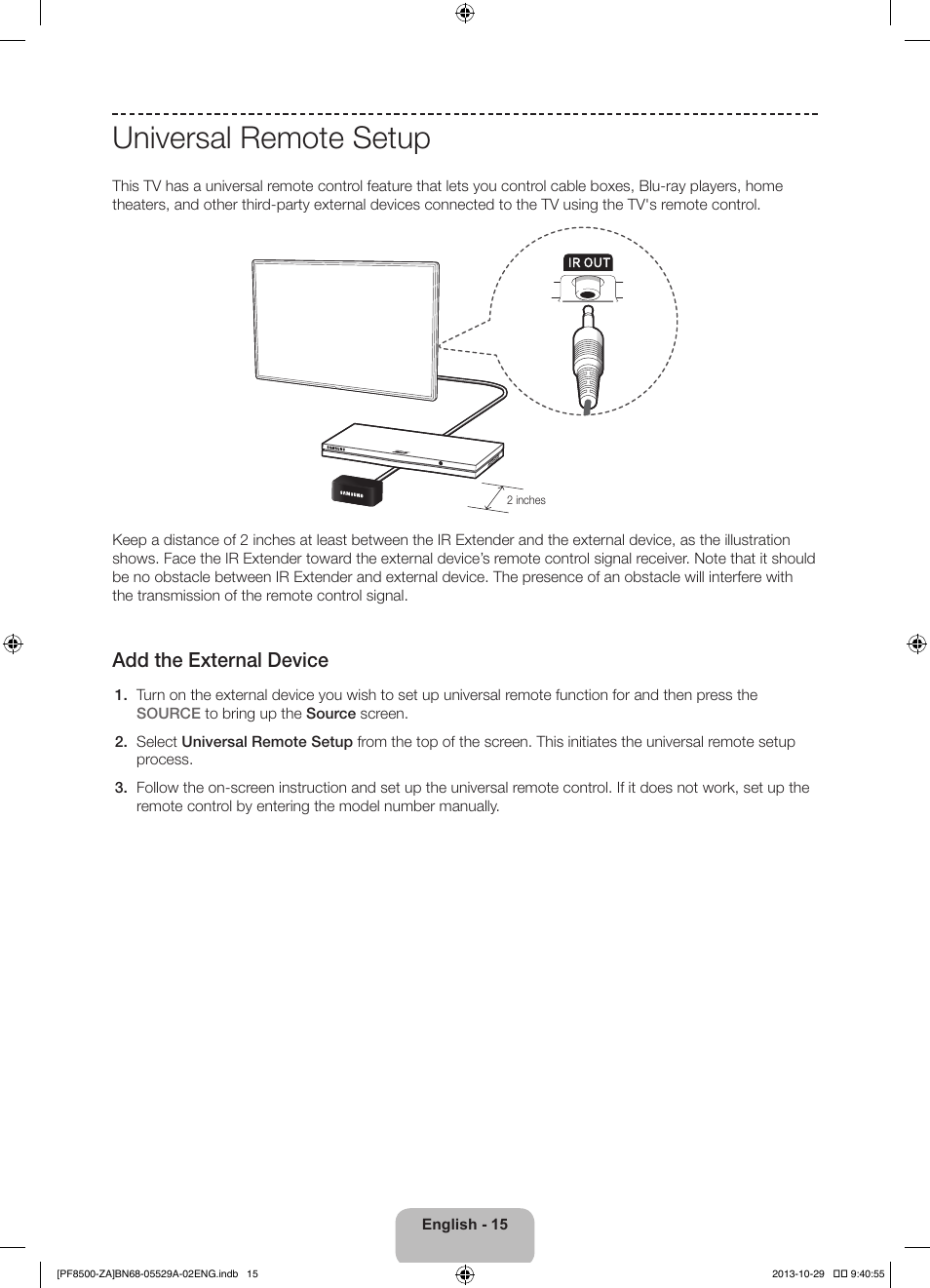 Universal remote setup, Add the external device | Samsung PN60F8500AFXZA User Manual | Page 15 / 38