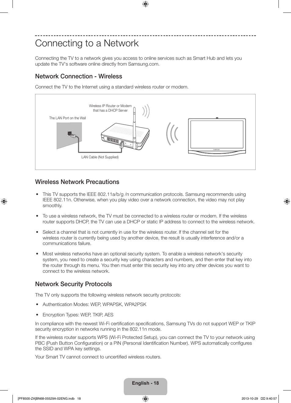 Connecting to a network, Network connection - wireless, Wireless network precautions | Network security protocols | Samsung PN60F8500AFXZA User Manual | Page 18 / 38
