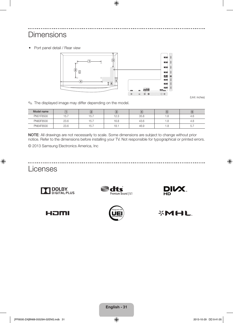 Dimensions, Licenses | Samsung PN60F8500AFXZA User Manual | Page 31 / 38
