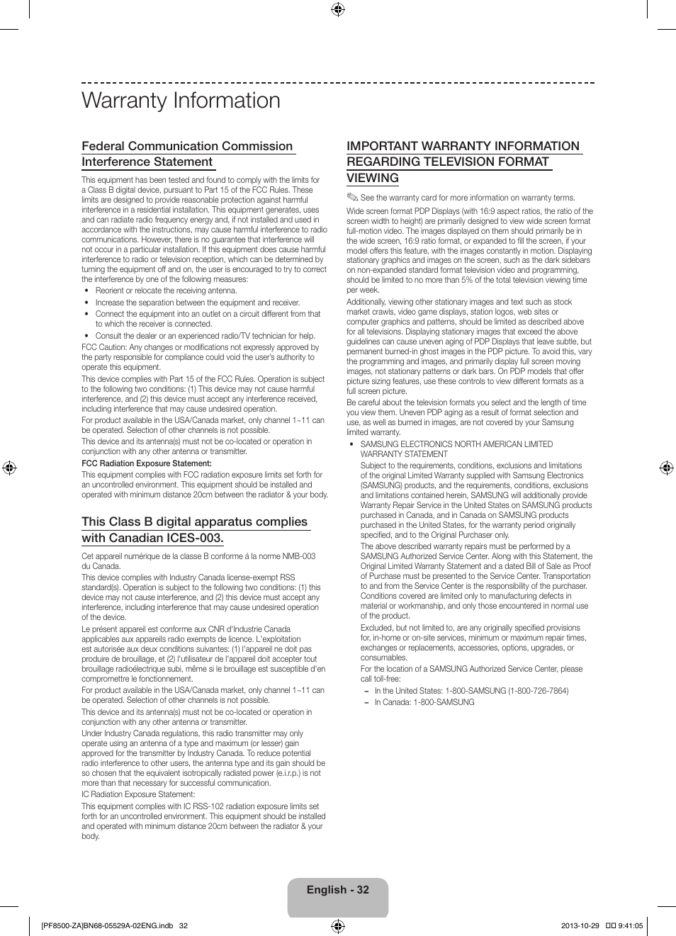 Warranty information | Samsung PN60F8500AFXZA User Manual | Page 32 / 38