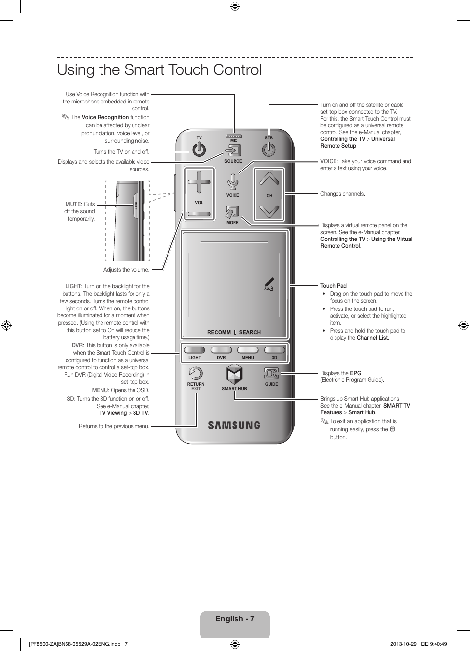 Using the smart touch control, English - 7 | Samsung PN60F8500AFXZA User Manual | Page 7 / 38