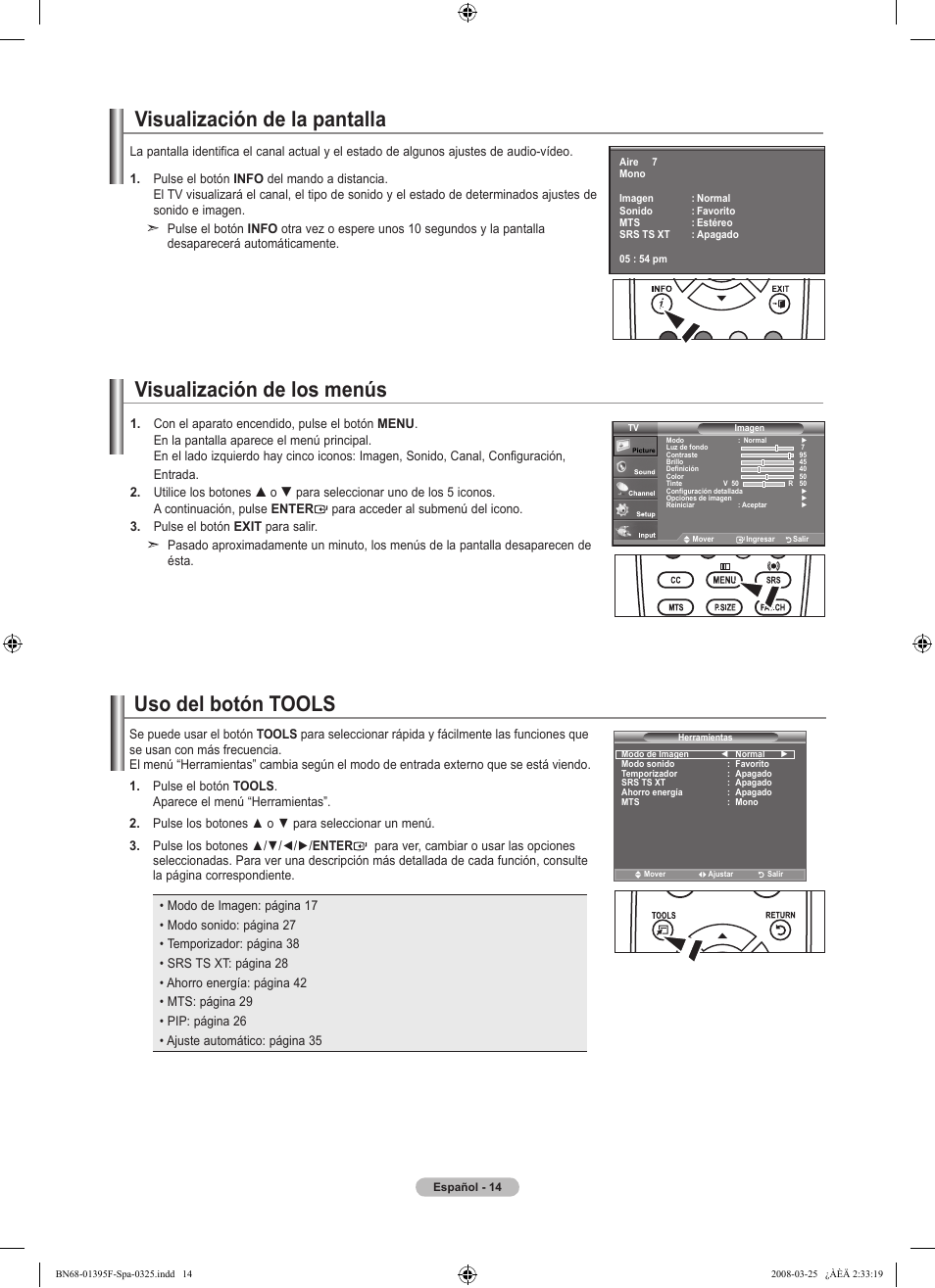 Visualización de la pantalla, Visualización de los menús, Uso del botón tools | Samsung LN22A450C1XZP User Manual | Page 66 / 101