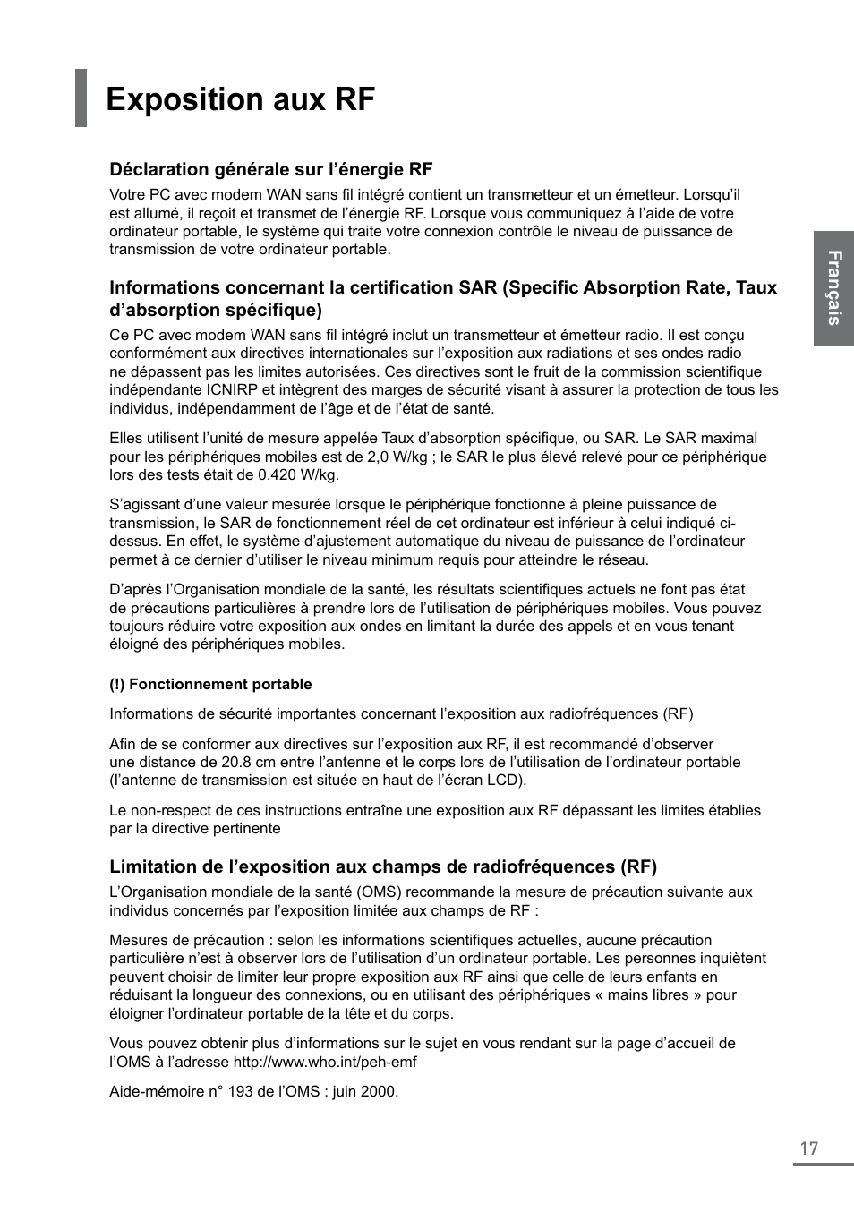 Exposition aux rf | Samsung XE500C21-A04US User Manual | Page 17 / 87
