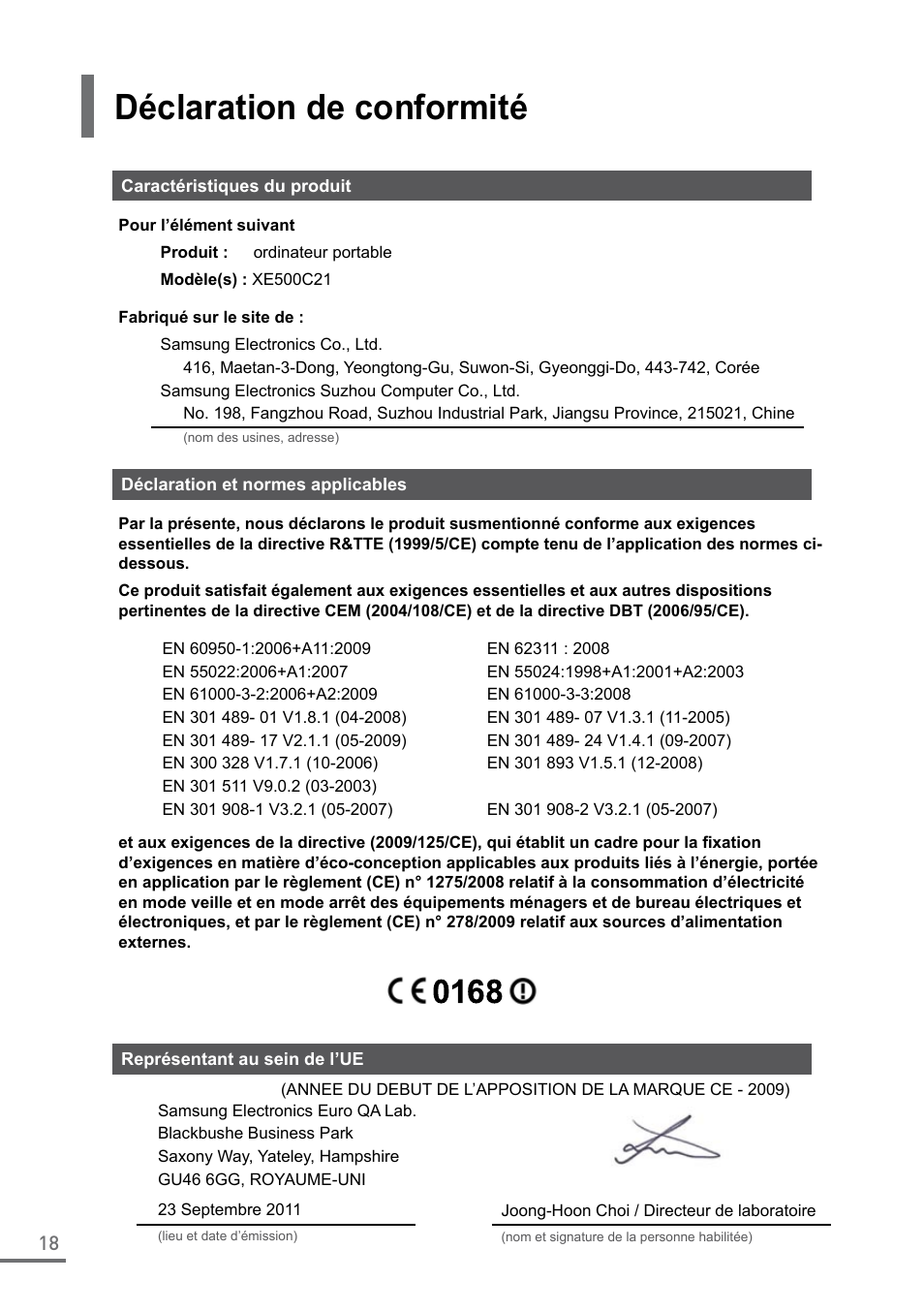Déclaration de conformité | Samsung XE500C21-A04US User Manual | Page 18 / 87