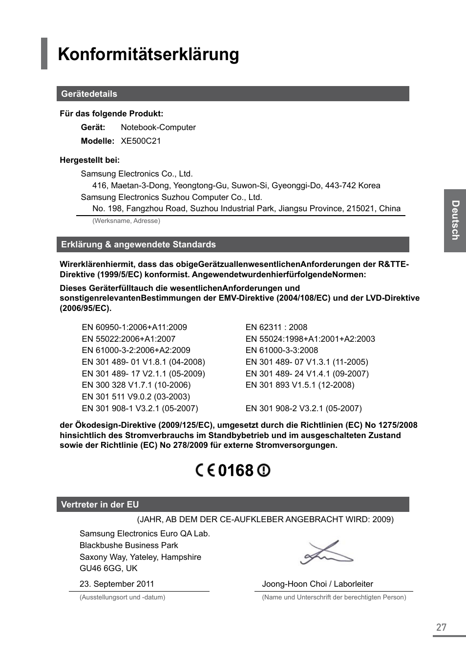 Konformitätserklärung | Samsung XE500C21-A04US User Manual | Page 27 / 87