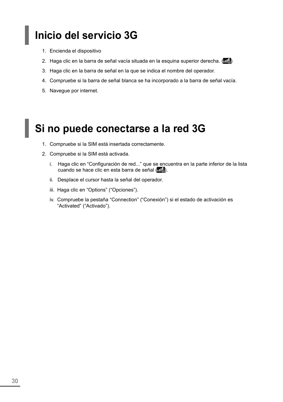 Inicio del servicio 3g, Si no puede conectarse a la red 3g | Samsung XE500C21-A04US User Manual | Page 30 / 87