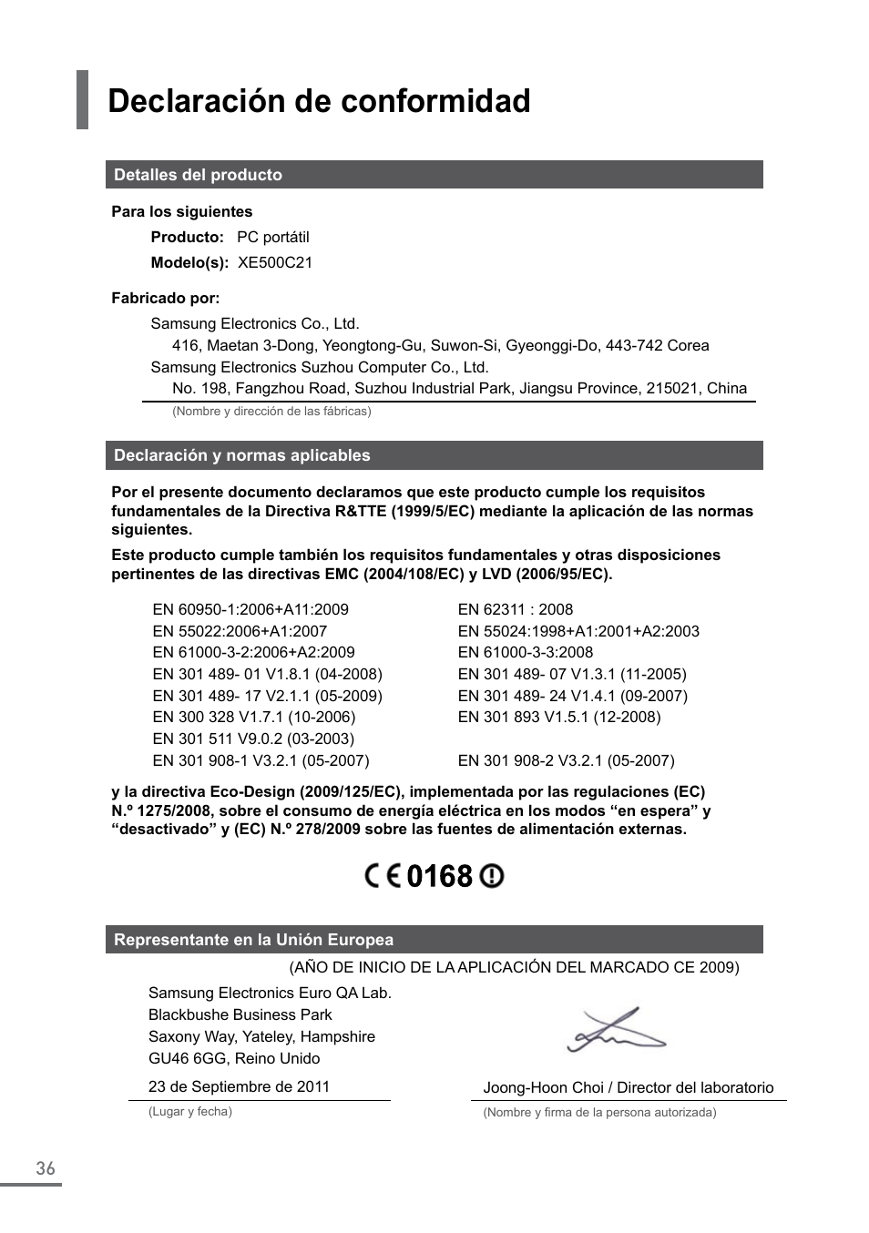 Declaración de conformidad, Guida alla connessione 3g | Samsung XE500C21-A04US User Manual | Page 36 / 87