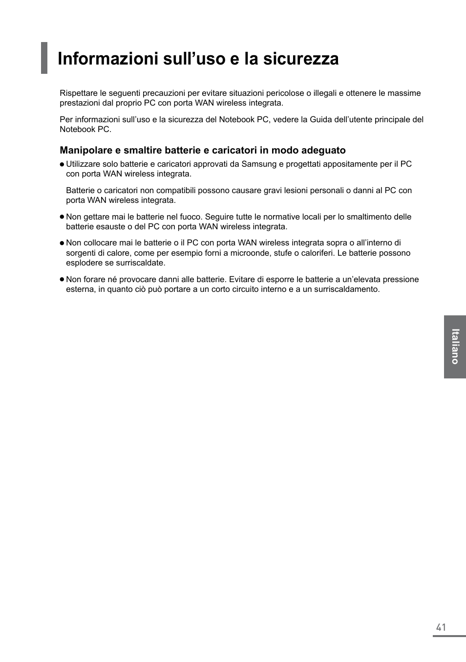 Informazioni sull’uso e la sicurezza | Samsung XE500C21-A04US User Manual | Page 41 / 87
