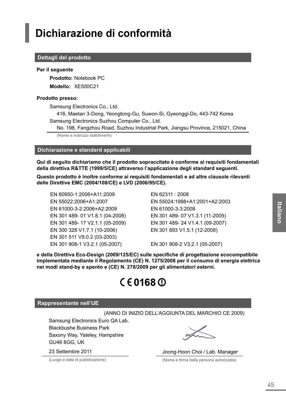 Dichiarazione di conformità | Samsung XE500C21-A04US User Manual | Page 45 / 87
