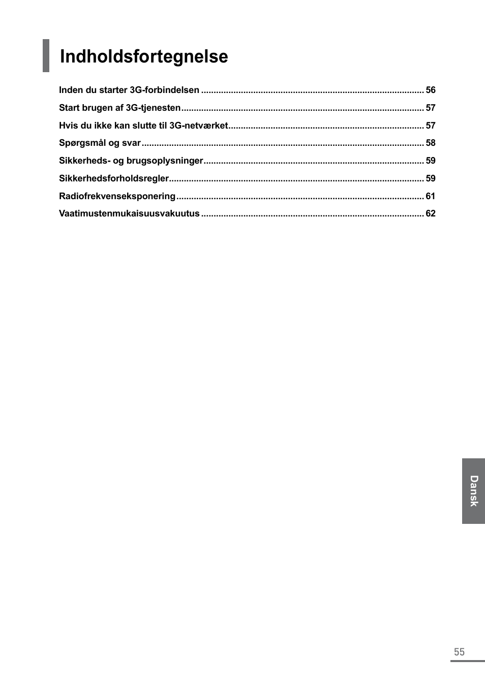 Dansk, Indholdsfortegnelse, 3g-forbindelsenvejledning | Samsung XE500C21-A04US User Manual | Page 55 / 87