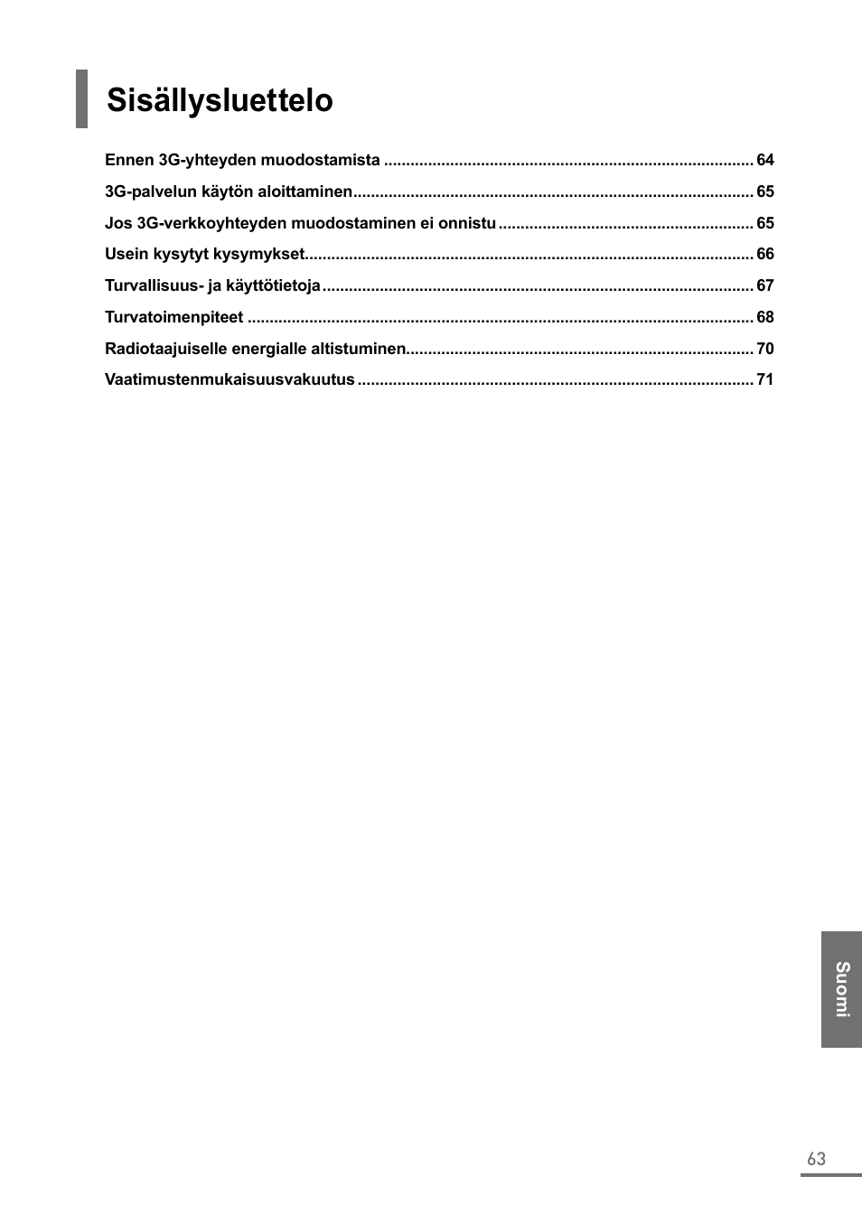 Suomi, Sisällysluettelo, 3g-yhteydenopas | Samsung XE500C21-A04US User Manual | Page 63 / 87