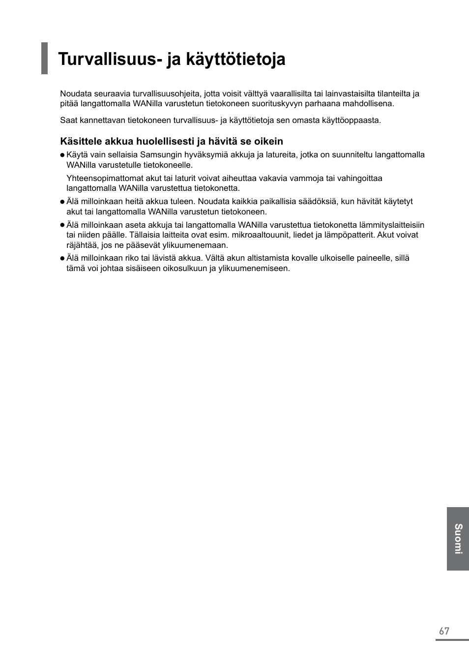 Turvallisuus- ja käyttötietoja | Samsung XE500C21-A04US User Manual | Page 67 / 87