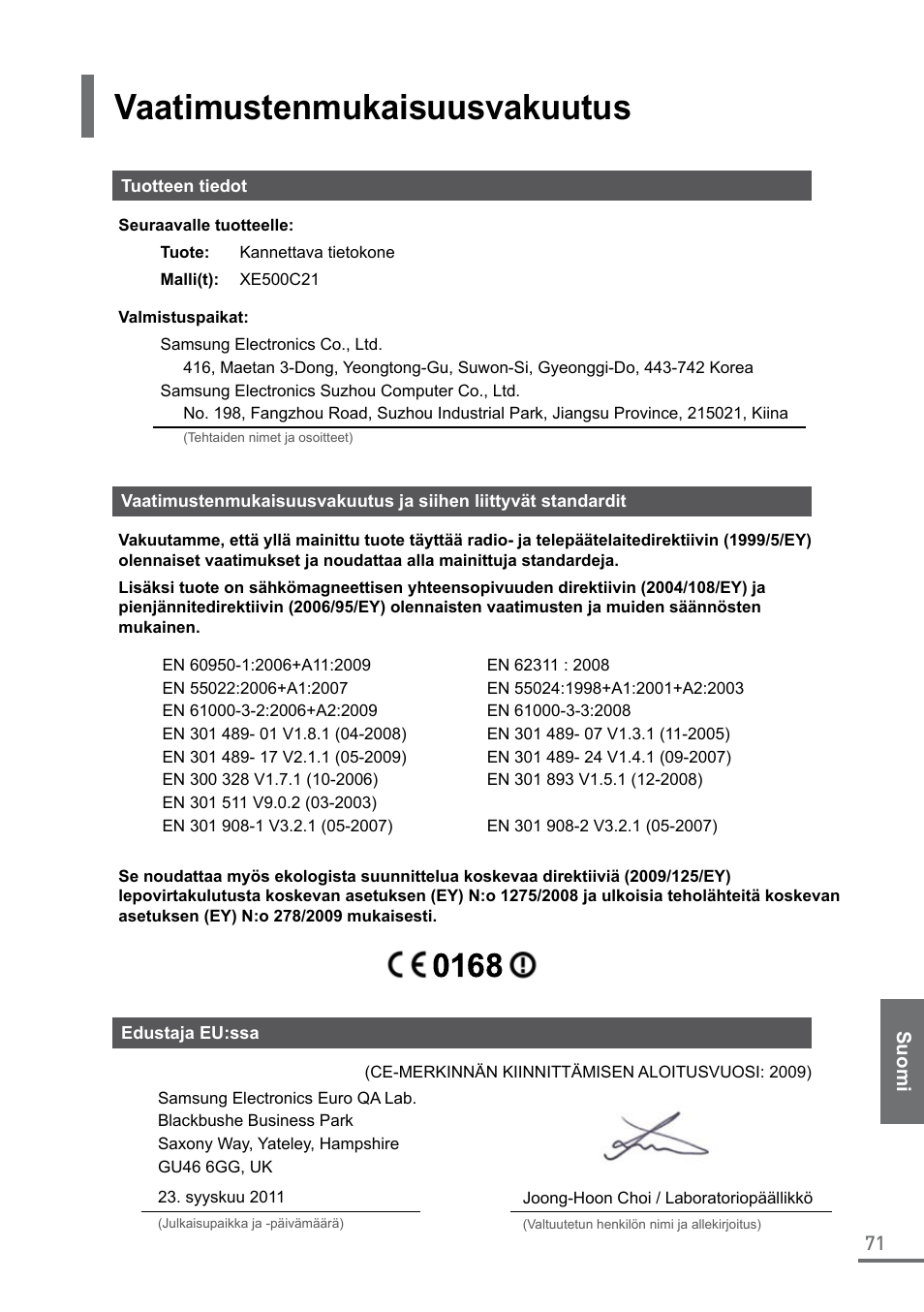 Vaatimustenmukaisuusvakuutus | Samsung XE500C21-A04US User Manual | Page 71 / 87