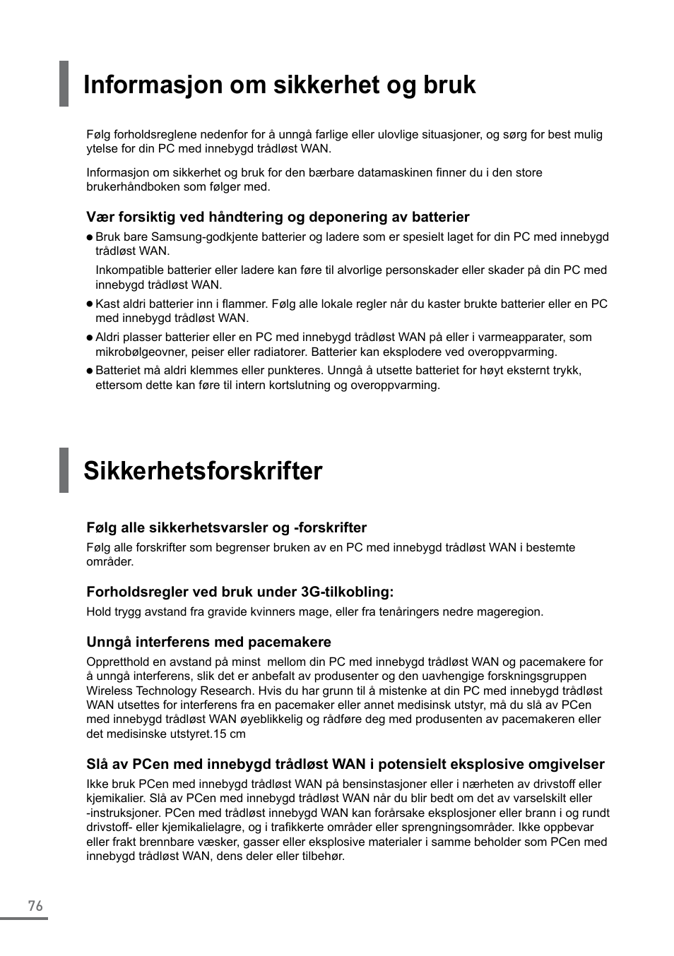 Informasjon om sikkerhet og bruk, Sikkerhetsforskrifter | Samsung XE500C21-A04US User Manual | Page 76 / 87