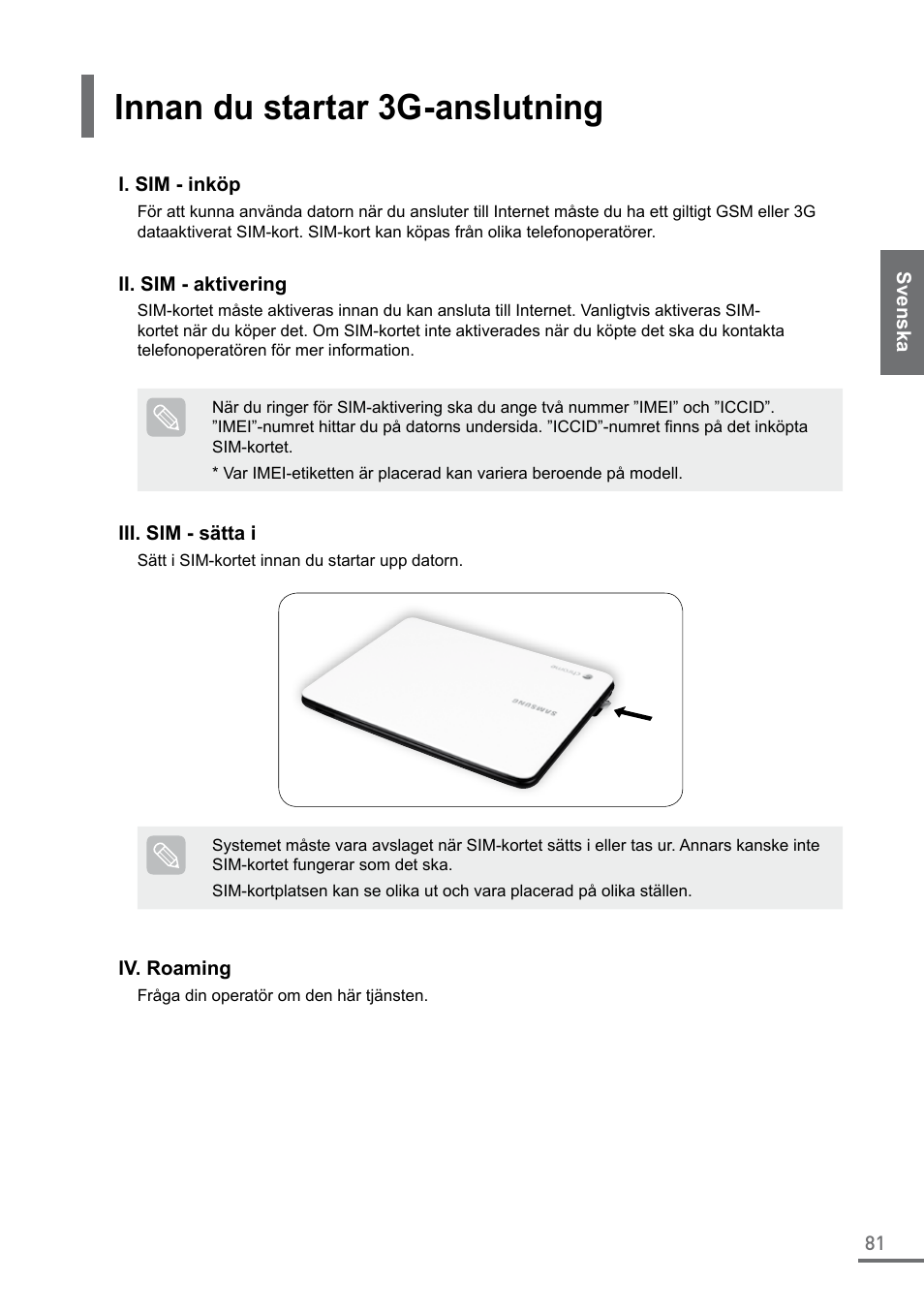 Innan du startar 3g-anslutning | Samsung XE500C21-A04US User Manual | Page 81 / 87