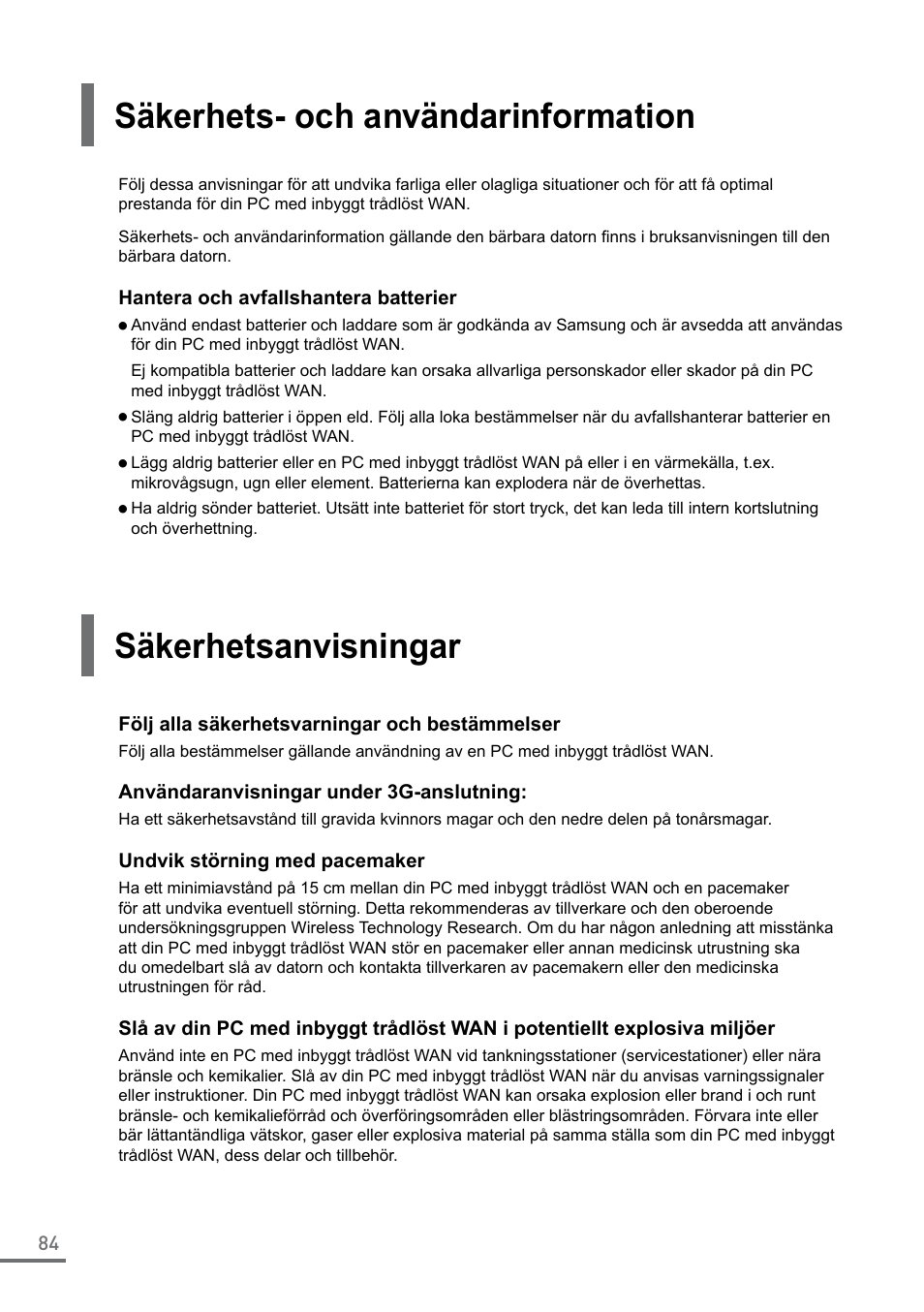 Säkerhets- och användarinformation, Säkerhetsanvisningar | Samsung XE500C21-A04US User Manual | Page 84 / 87