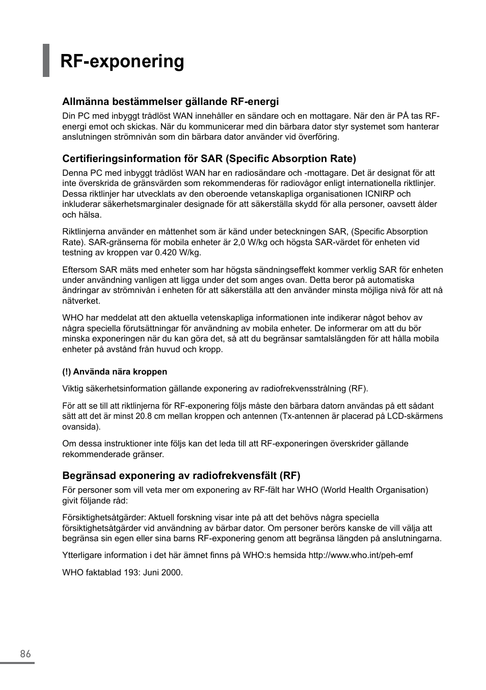 Rf-exponering | Samsung XE500C21-A04US User Manual | Page 86 / 87