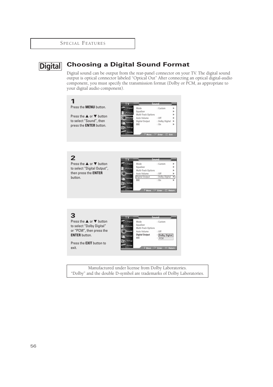 Digital, Choosing a digital sound format | Samsung TXP3071WHX-XAA User Manual | Page 56 / 83
