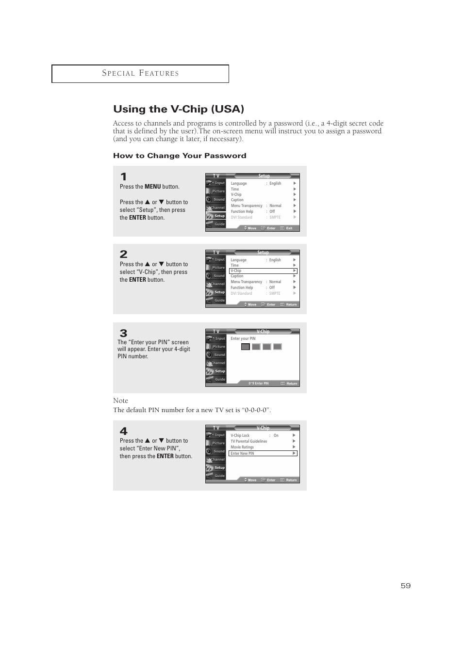 Using the v-chip (usa), How to change your password | Samsung TXP3071WHX-XAA User Manual | Page 59 / 83