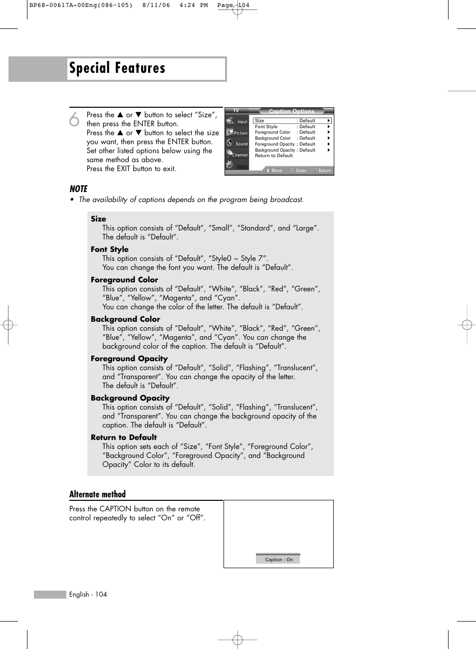 Special features, Alternate method | Samsung HLS4676SX-XAA User Manual | Page 104 / 136