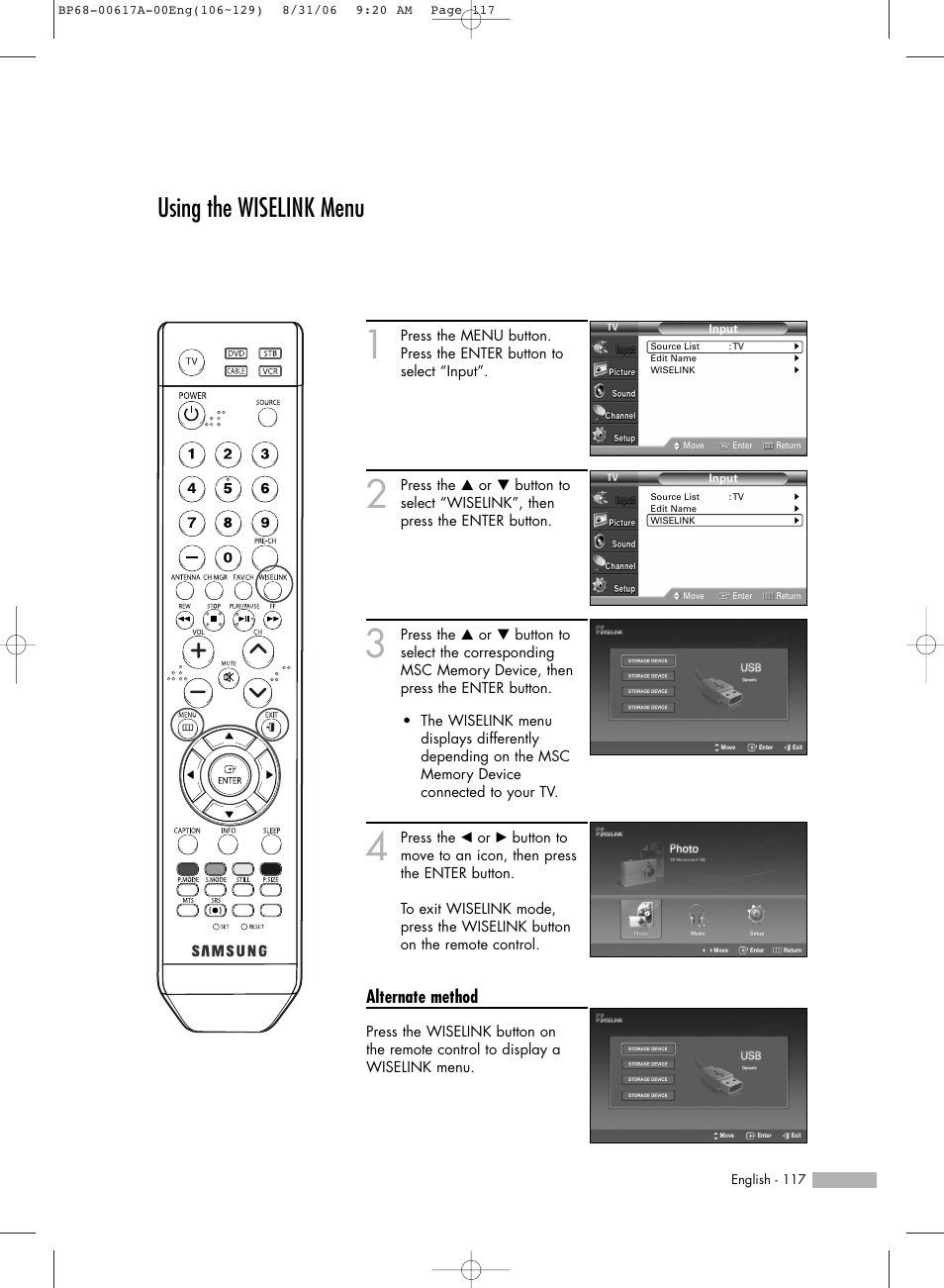 Using the wiselink menu, Alternate method | Samsung HLS4676SX-XAA User Manual | Page 117 / 136