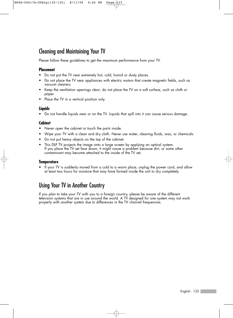 Cleaning and maintaining your tv, Using your tv in another country | Samsung HLS4676SX-XAA User Manual | Page 133 / 136