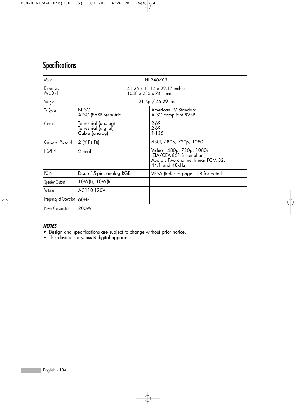 Specifications | Samsung HLS4676SX-XAA User Manual | Page 134 / 136