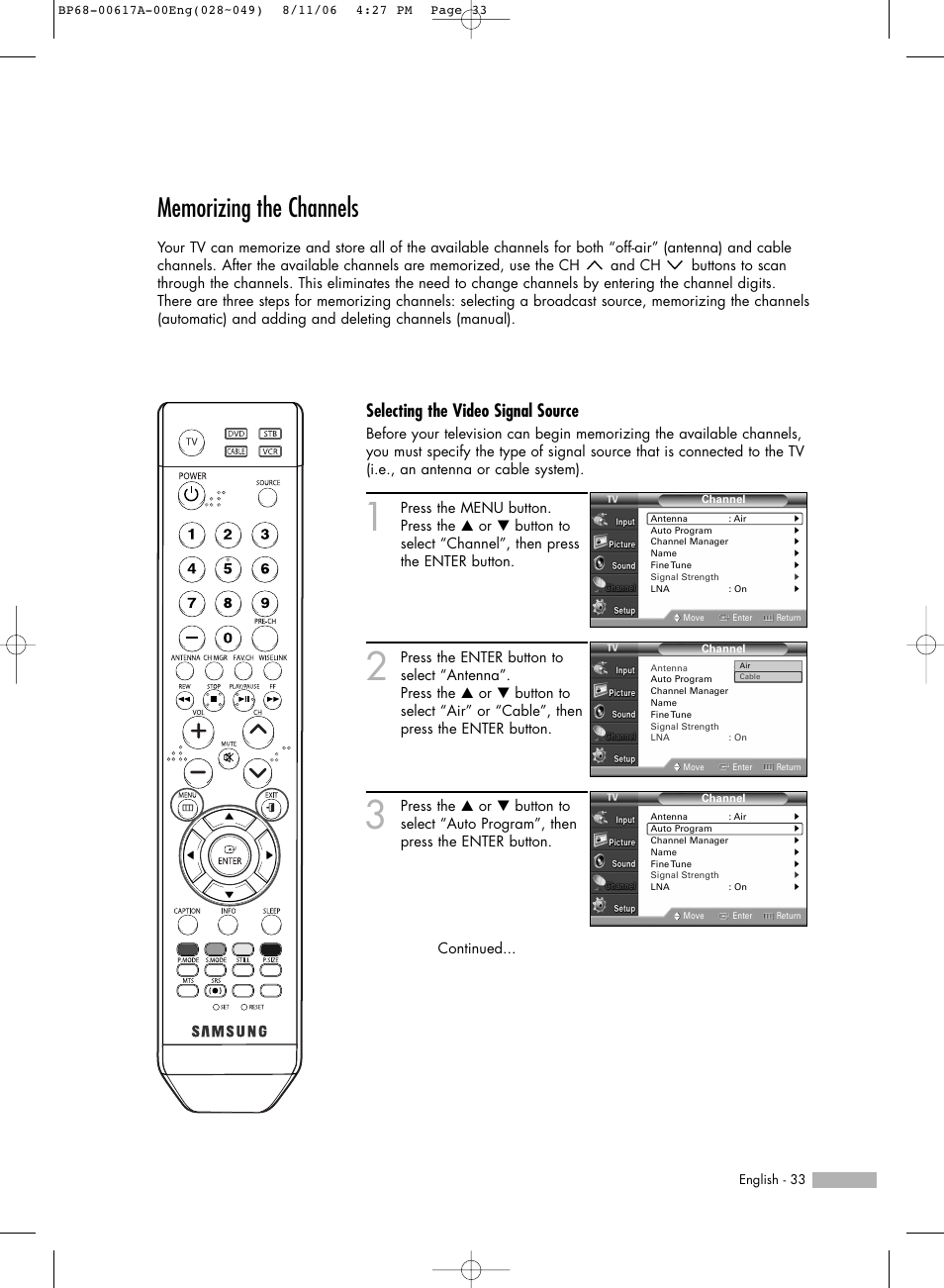 Memorizing the channels, Selecting the video signal source | Samsung HLS4676SX-XAA User Manual | Page 33 / 136