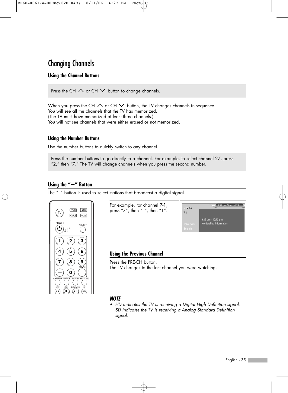 Changing channels, Using the channel buttons, Using the number buttons | Using the “-” button, Using the previous channel | Samsung HLS4676SX-XAA User Manual | Page 35 / 136