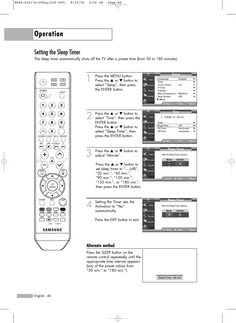 Setting the sleep timer, Operation, Alternate method | Samsung HLS4676SX-XAA User Manual | Page 46 / 136