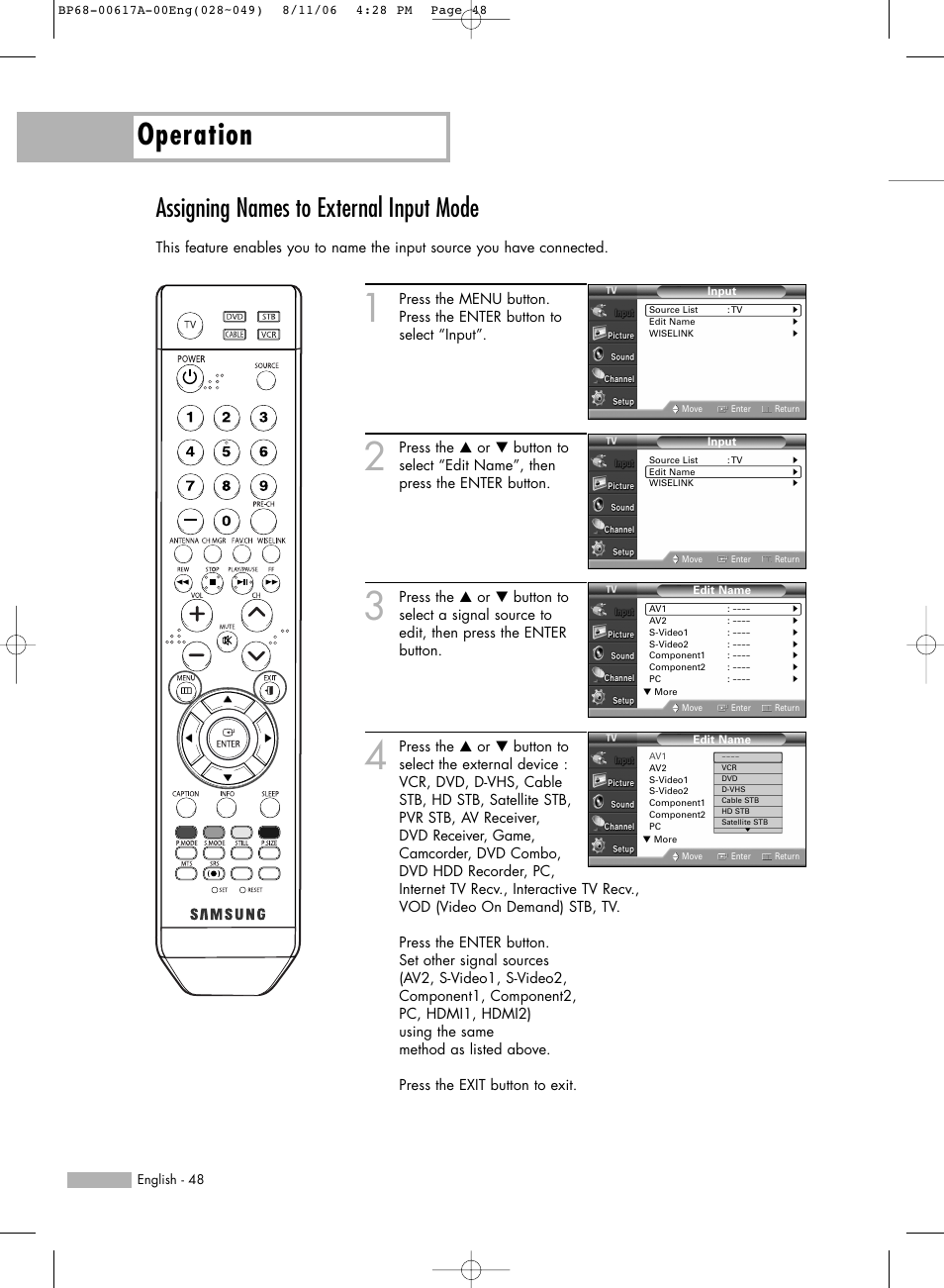 Assigning names to external input mode, Operation | Samsung HLS4676SX-XAA User Manual | Page 48 / 136
