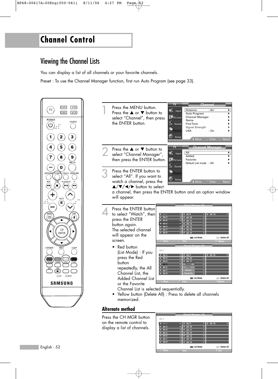 Viewing the channel lists, Channel control, Alternate method | Samsung HLS4676SX-XAA User Manual | Page 52 / 136