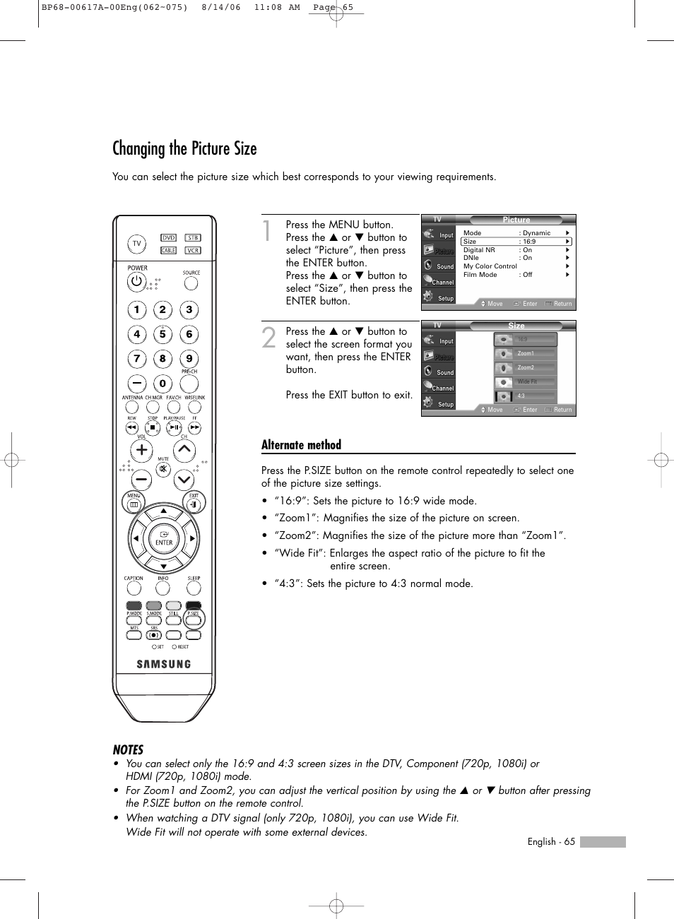 Changing the picture size, Alternate method | Samsung HLS4676SX-XAA User Manual | Page 65 / 136