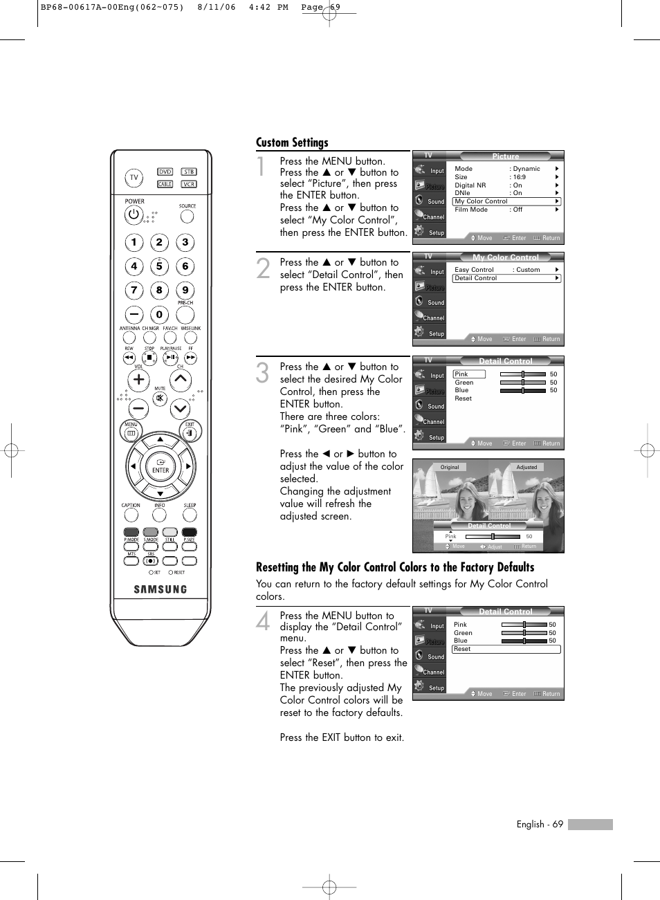 Custom settings | Samsung HLS4676SX-XAA User Manual | Page 69 / 136
