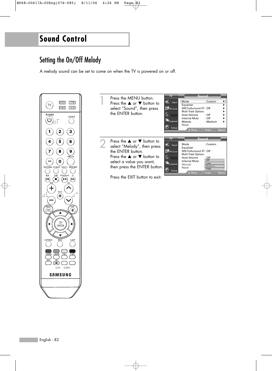 Setting the on/off melody, Sound control | Samsung HLS4676SX-XAA User Manual | Page 82 / 136