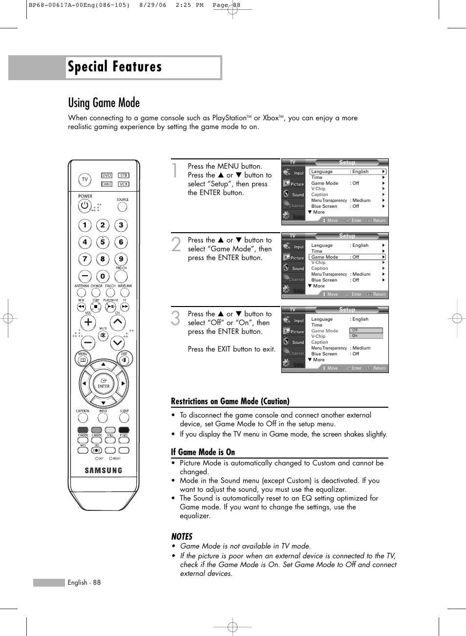Using game mode, Special features, Restrictions on game mode (caution) | If game mode is on | Samsung HLS4676SX-XAA User Manual | Page 88 / 136