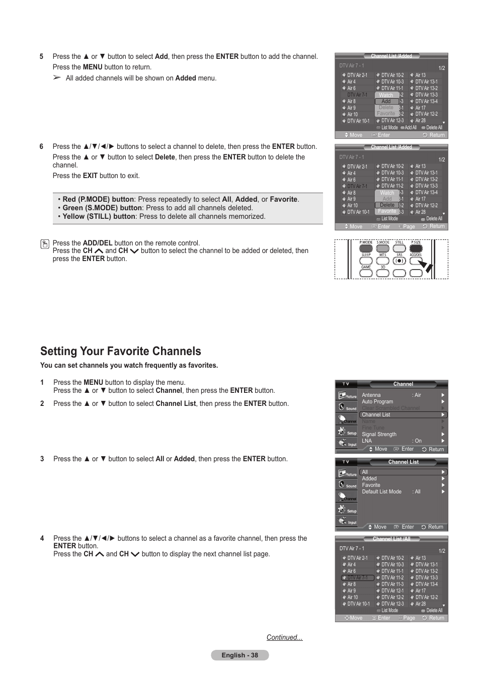 Setting your favorite channels | Samsung HLT5675SX-XAA User Manual | Page 38 / 128