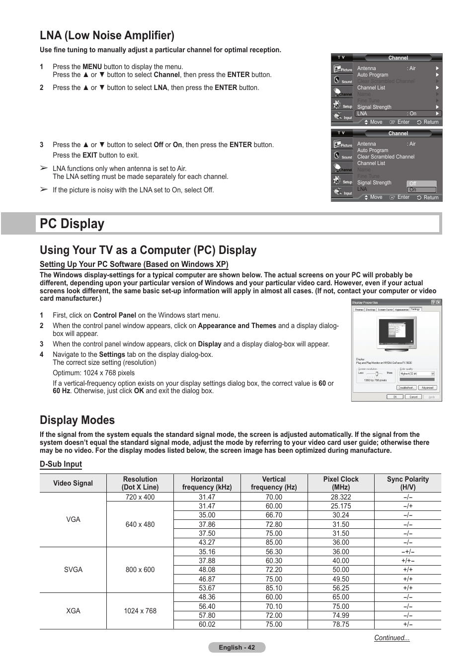 Lna (low noise amplifier), Pc display, Using your tv as a computer (pc) display | Display modes | Samsung HLT5675SX-XAA User Manual | Page 42 / 128