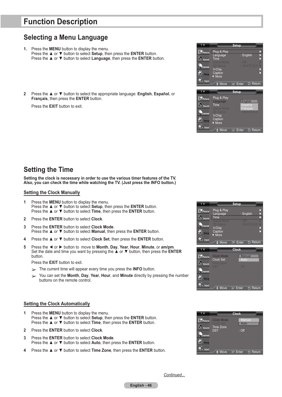 Function description, Selecting a menu language, Setting the time | Setting the clock automatically, Setting the clock manually | Samsung HLT5675SX-XAA User Manual | Page 46 / 128
