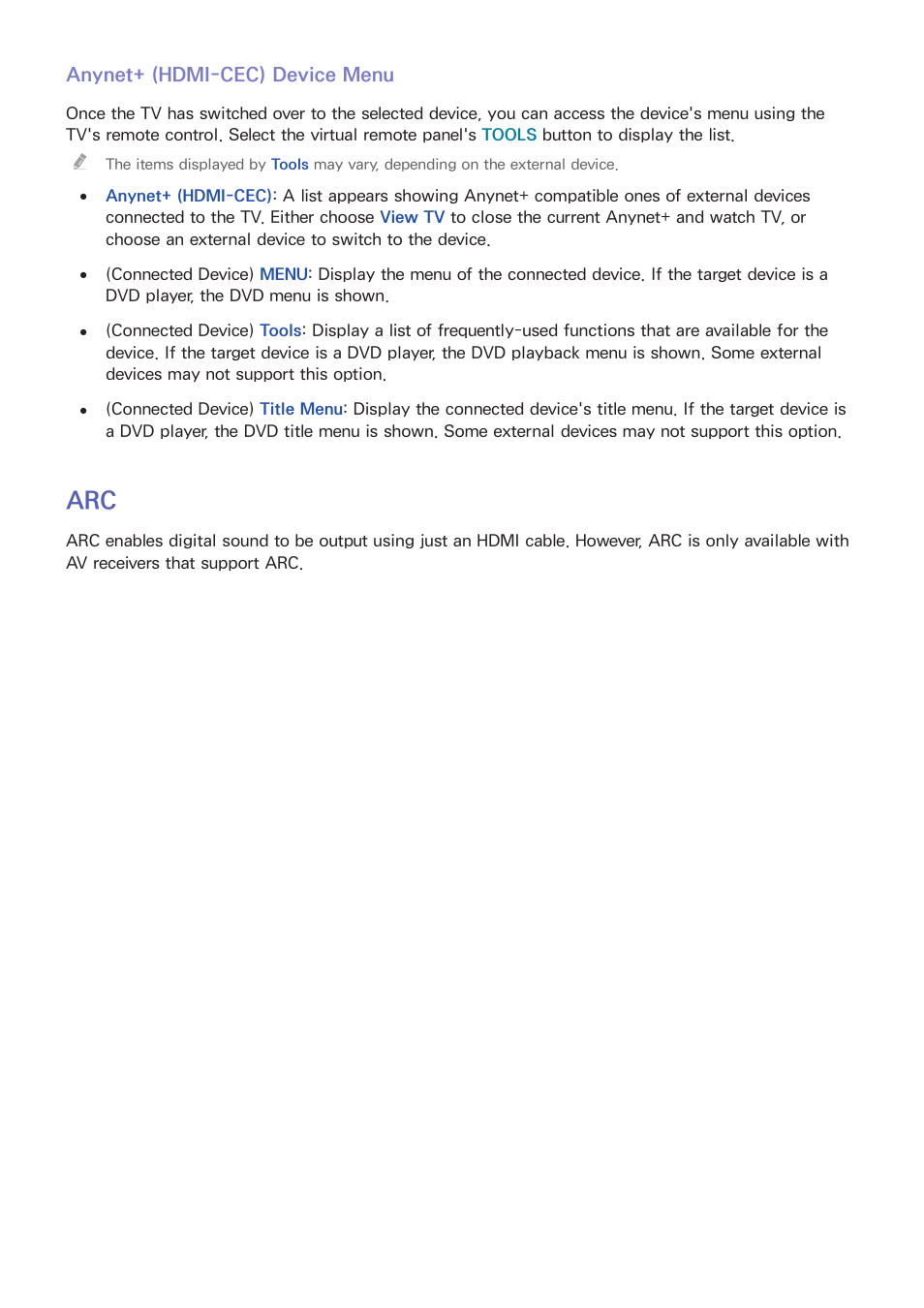 122 anynet+ (hdmi-cec) device menu, 122 arc | Samsung SEK-1000-ZA User Manual | Page 129 / 157