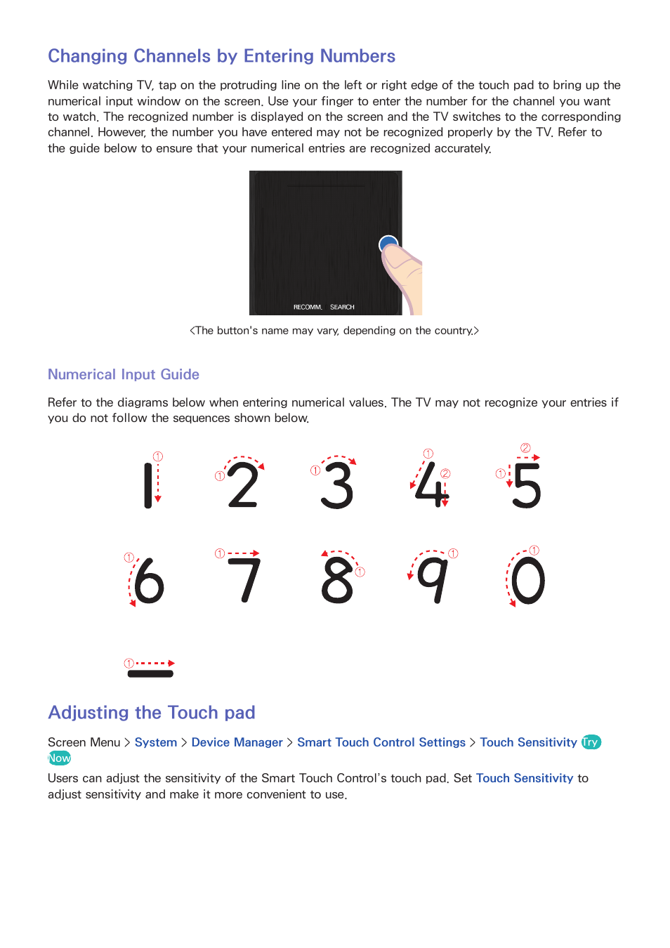 Changing channels by entering numbers, Numerical input guide, Adjusting the touch pad | Samsung SEK-1000-ZA User Manual | Page 38 / 157