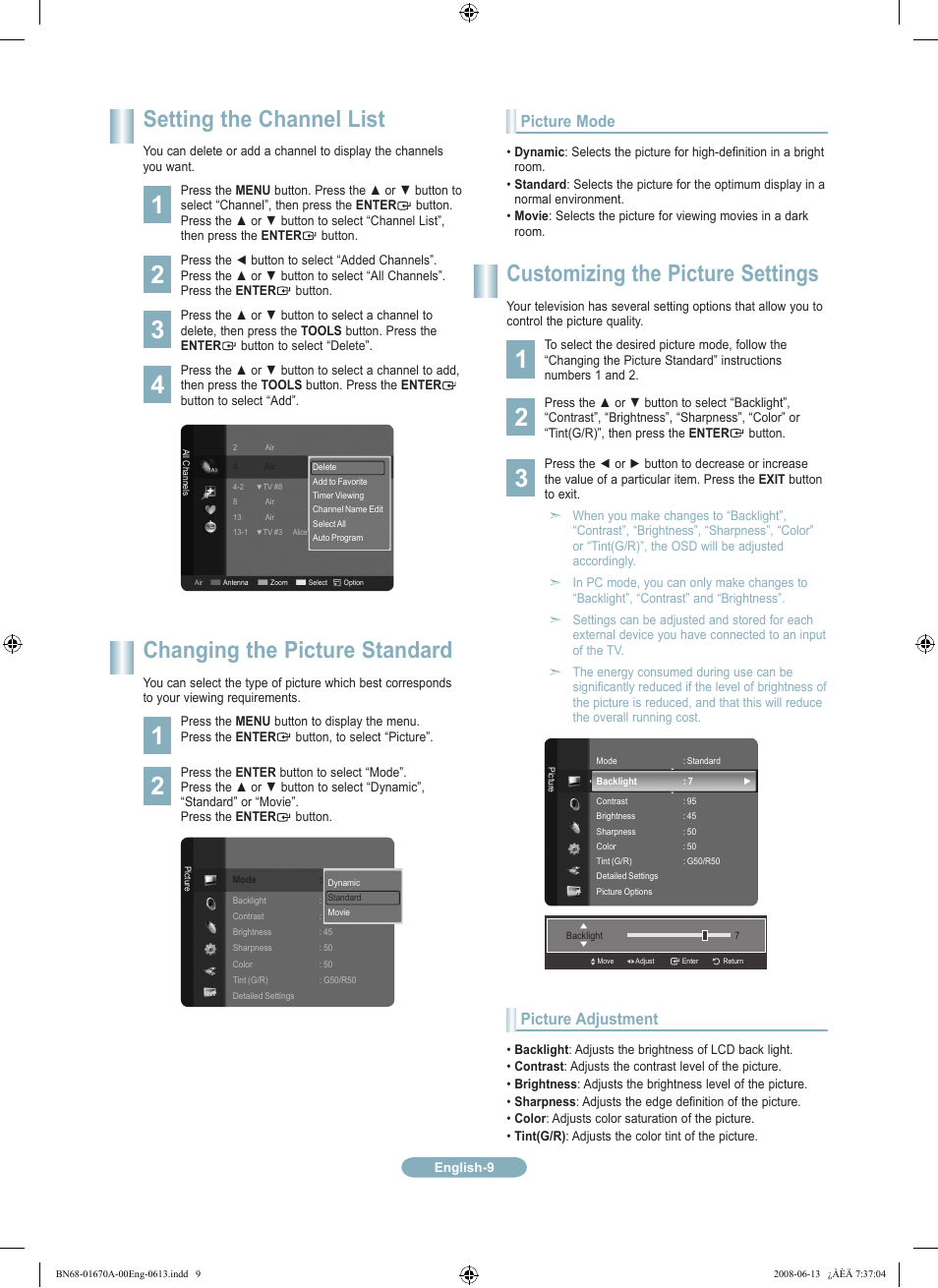 Setting the channel list, Changing the picture standard, Customizing the picture settings | Picture mode, Picture adjustment | Samsung LN52A630M1FXZA User Manual | Page 9 / 12