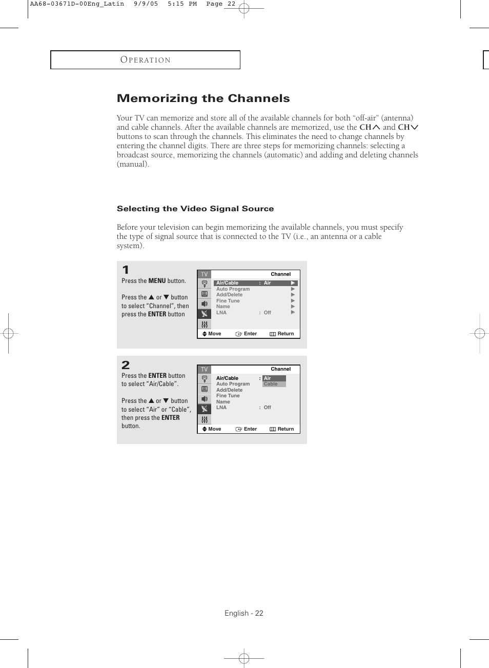 Memorizing the channels, Selecting the video signal source | Samsung CL29M21FQEXXAX User Manual | Page 22 / 60