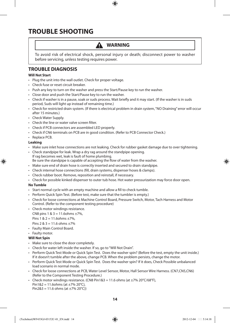 Trouble shooting, Trouble diagnosis, Warning | Samsung WF433BTGJWR-A1 User Manual | Page 14 / 60